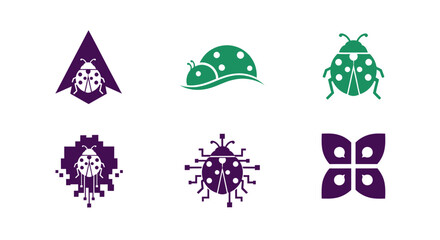 A collection of six stylized ladybug icons, in green and purple, showcasing various designs © Ahmad