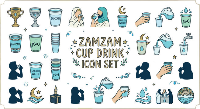 Zamzam cup drink doodle icon set with sacred water Islamic pilgrimage Hajj Umrah editable vector collection