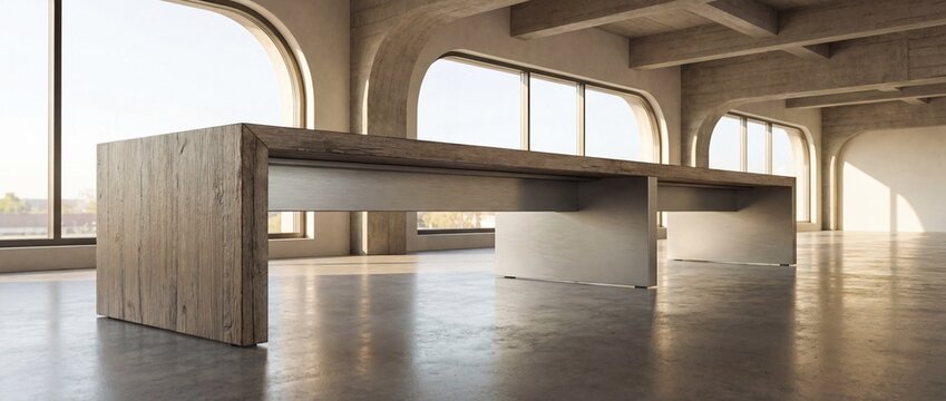 Contemporary wooden conference table in a spacious loft with arched windows