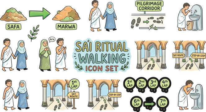 Sai ritual walking icon set with Safa Marwa pilgrimage corridor Hajj Umrah Islamic worship steps editable vector collection