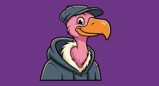 A cartoon vulture with a pink head and orange beak, wearing a hoodie and a cap