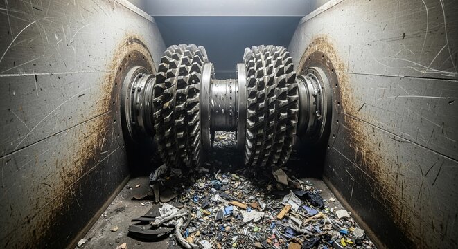 A view inside a powerful industrial shredder machine. Two heavy metal rotating drums with sharp teeth are crushing and breaking down various waste materials and debris.