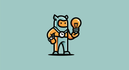 A character wearing a helmet and holding a lightbulb and wristwatch stands on a plain background © Ahmad