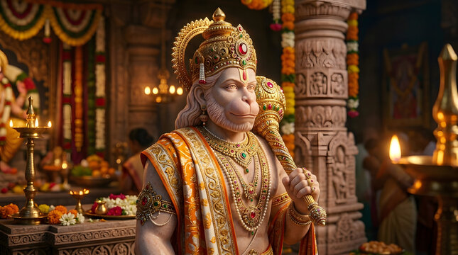 Statue of lord hanuman in a temple, wearing golden ornaments and holding a mace