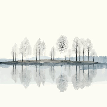 Frozen Lake Reflections, whimsical watercolor vector illustration with vibrant highlights and delicate strokes, isolated on a white background.