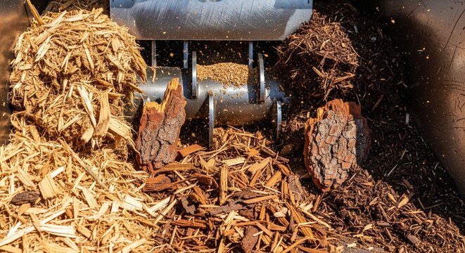 Industrial wood chipper shredding tree bark and timber