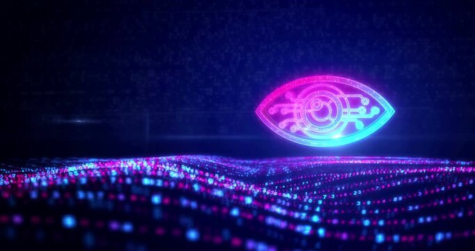 Digital eye security and privacy symbol on digital waves. Abstract icon over digital sea and flowing cyber waves background animation.