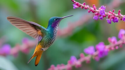 Obraz premium A Ruby-throated hummingbird flying near beautiful flowers in a tropical jungle