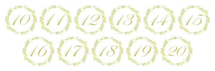 Fototapeta premium Watercolor green leaf wreath numbers set from 10 to 20, botanical numeric collection for wedding table numbers, anniversary, invitations and decorative design