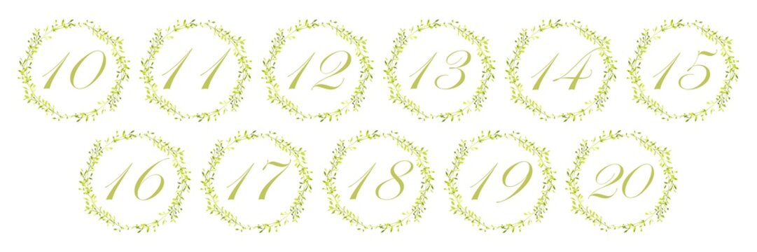 Watercolor green leaf wreath numbers set from 10 to 20, botanical numeric collection for wedding table numbers, anniversary, invitations and decorative design