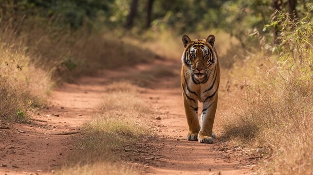 A young and bold tigress walking through the jungle in Tadoba-Andhari Tiger Reserve.