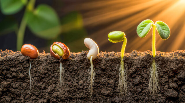 Stages of seed germination showing root development and early seedling growth in rich soil