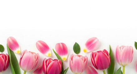 Fototapeta premium Isolated Pink tulips, web banner border for spring, Mothers day, Womens day 