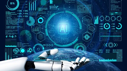 Fototapeta na wymiar AI Assistant Brain Processor with LLM Technology, Big Data, Machine Learning, Generative AI for Business Support, Future Agentic AI Technology and Artificial Intelligence Prompt Engineering. Thunk