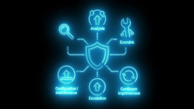Neon-lit cybersecurity concept with shield and icons on a black background.