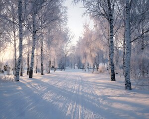 Obraz premium A serene winter landscape featuring snow-covered pathways lined with frosty trees, capturing the tranquility of nature in a beautiful snowy scene.