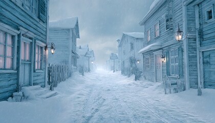 Fototapeta premium A serene winter scene featuring a quaint snow-covered village with wooden buildings and soft, glowing lamplights illuminating the chilly atmosphere