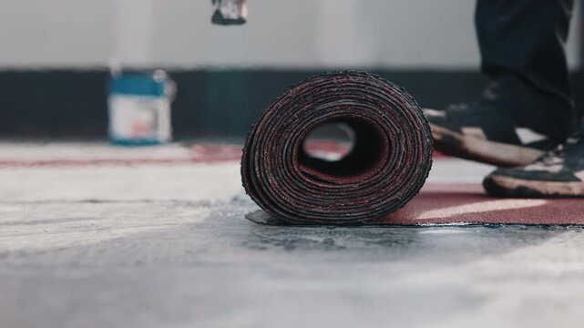 Roll of roofing membrane on floor during installation process close up