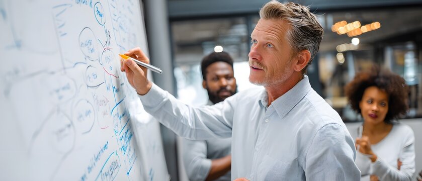 A team collaborates in a modern office space, brainstorming ideas and strategies on a whiteboard. Engaged professionals discuss solutions and innovate together for success.
