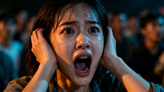 Terrified young woman screaming in fear, panicked girl covering ears from loud noise, cinematic portrait of horror and shock in a dark crowd isolated on White Background