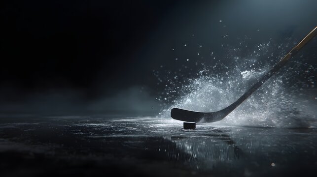 Dark ice rink illuminated by spotlight, hockey stick hits surface