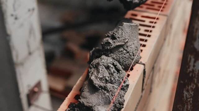Applying mortar onto brick row with trowel close up