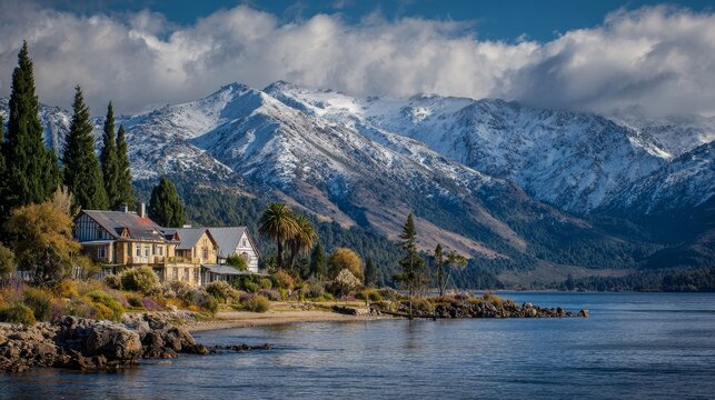 Bah&iacute;a Mansa in Villa La Angostura, Neuqu&eacute;n, Argentina, featuring snowy mountains and scenic views of Angostura Village, a popular vacation and travel destination.