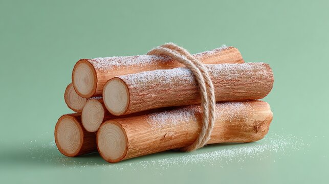 Small bundle of split firewood tied with twine, resting on a soft green background, showcasing the natural texture and color of the wood