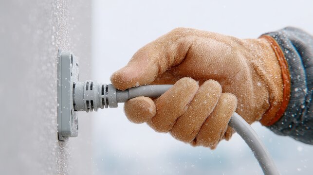 Close-up of a gloved hand connecting a power cord to an electrical outlet in a snowy outdoor environment, showcasing winter conditions and safety measures