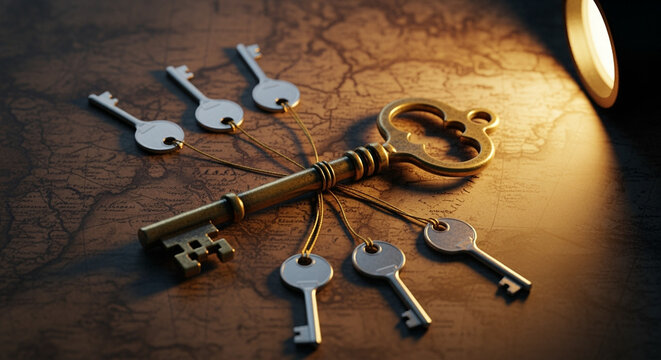 Vintage keys on a metal ring resting on an old map