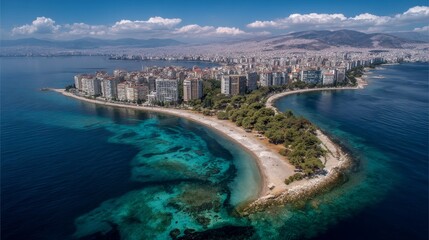 Fototapeta premium Drone view of Demircili Beach in İzmir, Turkey, showing clear coastal waters and natural shoreline scenery.