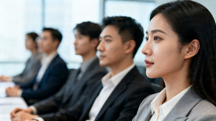 Fototapeta premium Professional Asian business team in meeting, focused corporate employees listening in conference room, diverse office colleagues in formal suits isolated on White Background