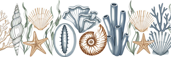 Marine Life Border Vector Featuring Seashells Starfish Coral Reef And Seaweed Elements For Nautical Summer Beach Party Invitation Designs © Limon