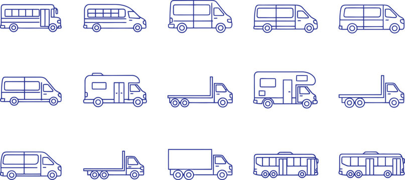 Vehicle icons set featuring various transportation types like trucks buses vans and campers in clean outline vector style
