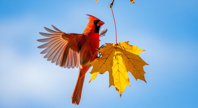 Northern cardinal bird perched on a vibrant yellow autumn leaf