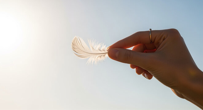 Hand holding delicate white feather against clear blue sky background