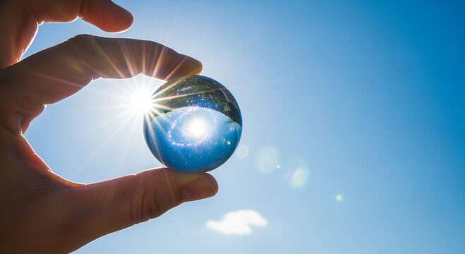 Glass sphere reflecting bright sun held by human hand against sky