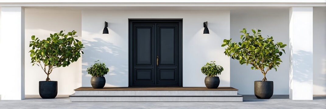 Modern black double front door entrance of minimalist luxury home featuring white exterior walls with symmetrical potted fiddle leaf fig trees and elegant outdoor lighting