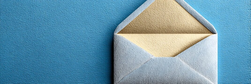 Elegant open envelope with metallic gold interior lining resting on textured blue paper surface for formal invitation business communication or personal message delivery concept