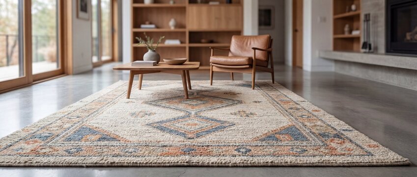 Elegant Persian-inspired rug with geometric pattern in a modern living room