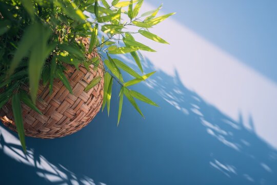 編み鍋の中の緑の植物が青い壁に影を落とす
