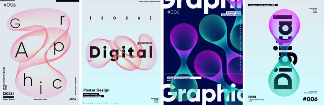 Modern graphic design posters featuring abstract shapes and vibrant colors. The compositions highlight digital aesthetics with fluid forms and bold typography.