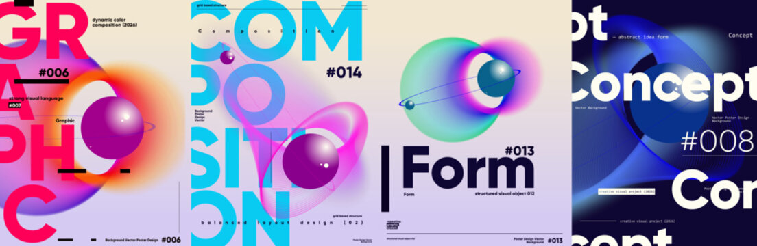 Dynamic abstract poster designs featuring vibrant colors and geometric shapes. Each composition showcases a unique blend of typography and visual elements, creating a modern aesthetic.