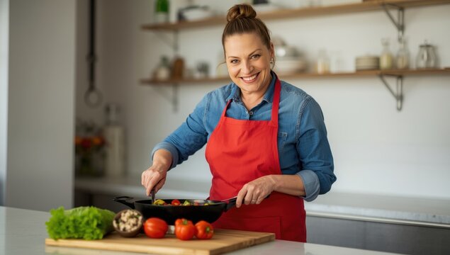 Woman in red apron preparing fresh vegetables on kitchen counter cutting board