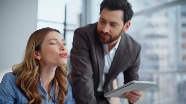 Businessman businesswoman collaborating project closeup. Woman listening advice 