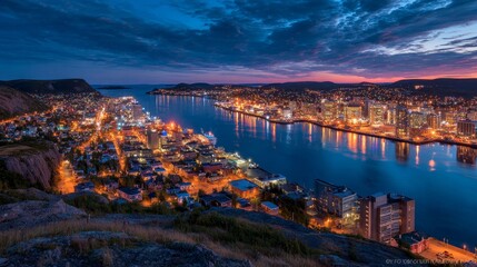 Obraz premium Panoramic night view of a city in Newfoundland and Labrador, Canada, illuminated by urban lights against the dark sky.