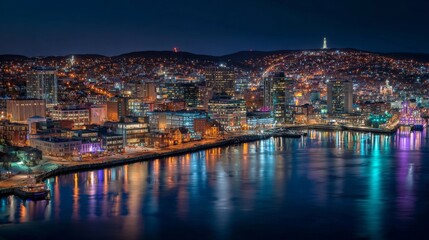 Fototapeta premium Panoramic night view of a city in Newfoundland and Labrador, Canada, illuminated by urban lights against the dark sky.