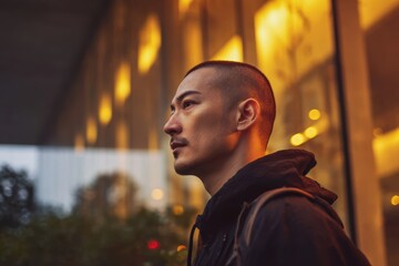 Fototapeta premium 夕暮れ時に暖かい明かりに照らされたガラス張りの建物のそばに立つ男性