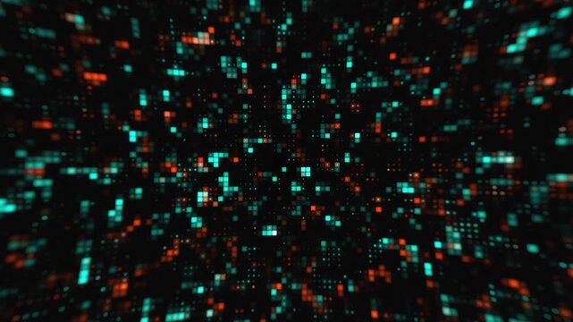 Futuristic digital data stream background featuring glowing cyan and orange pixelated squares in an abstract high-tech cyber mosaic pattern with depth of field