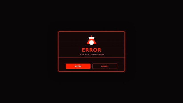 Red error dialog on black background showing critical system failure with Retry and Cancel buttons!!